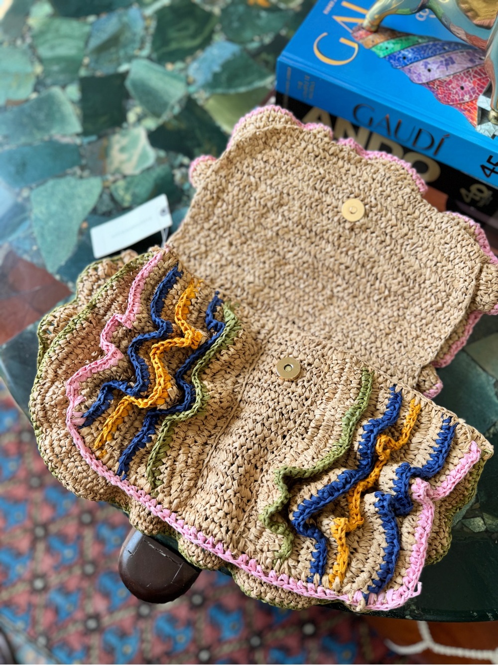 Handwoven Multicolor Rafia Ruffle Clutch Bag - Picture 6 of 7